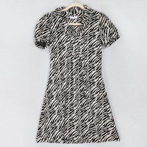 Calvin Klein Dress Womens 2 Tan Black Zebra A Line Cowl Neck Puff Short Sleeve